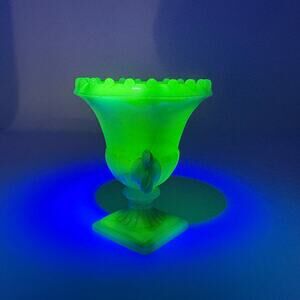 Vintage Akro Agate Uranium Glass Urn Toothpick Holder Green Slag UV Glow